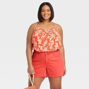 Ava & Viv Plus Size High-Rise Stretch Denim Jean Shorts in Orange / Coral. NWT!